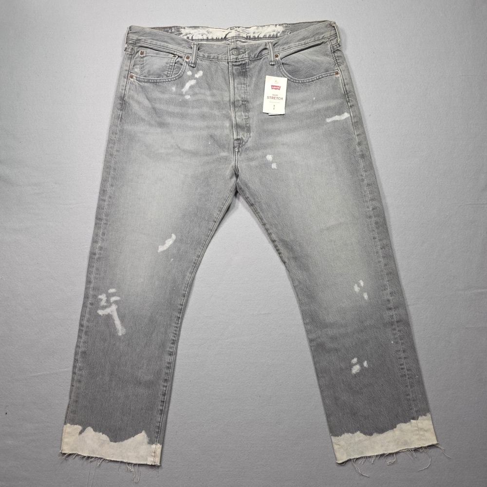 Levi's 501 Original Fit Warp Stretch Gray Jeans Raw Hem/Bleached - Men's Size 38